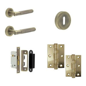 IRONMONGERY SOLUTIONS Lock Pack of Door Handle, 2 Lever Sashlocks, Escutcheon & Hinges - Pack of Door Handle in Antique Brass Finish