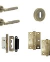 IRONMONGERY SOLUTIONS Lock Pack of Door Handle, 2 Lever Sashlocks, Escutcheon & Hinges – Pack of Door Handle in Antique Brass Finish
