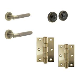 IRONMONGERY SOLUTIONS Bathroom Pack of Door Handle, Bathroom Locks, Bathroom Turn & Release & Hinges – Pack of Door Handle in Antique Brass Finish