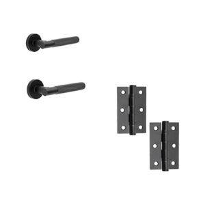IRONMONGERY SOLUTIONS Latch Pack of Door Handle, Tubular Latch & Hinges - Pack of Door Handle in Matt Black Finish
