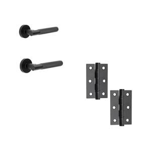 IRONMONGERY SOLUTIONS Pack of Door Handle, Tubular Latch & Hinges – Matt Black Finish