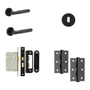 IRONMONGERY SOLUTIONS Lock Pack of Door Handle, 2 Lever Sashlocks, Escutcheon & Hinges – Pack of Door Handle in Matt Black Finish