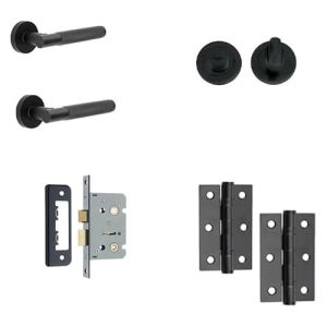 IRONMONGERY SOLUTIONS Bathroom Pack of Door Handle,Bathroom Locks,Turn & Release & Hinges – Pack of Door Handle in Matt Black Finish