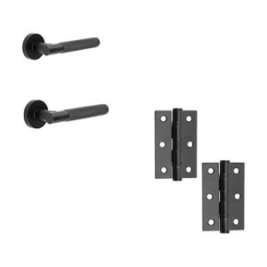 IRONMONGERY SOLUTIONS Latch Pack of Door Handle, Tubular Latch & Hinges – Pack of Door Handle in Matt Black Finish