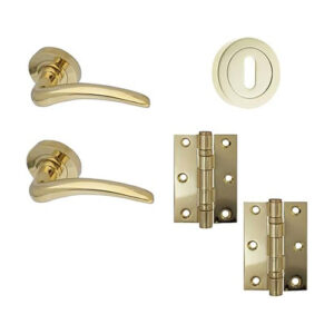 IRONMONGERY SOLUTIONS Lock Pack of Door Handle, 3 Lever Sashlocks,Escutcheons & Hinges - Pack of Door Handle in PVD Finish