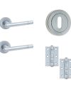 IRONMONGERY SOLUTIONS Lock Pack of Door Handle, 3 Lever Sashlocks, Escutcheons & Hinges – Pack of Door Handle in Satin Chrome Finish