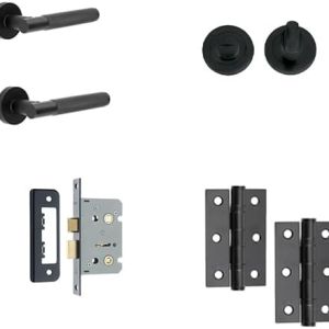 IRONMONGERY SOLUTIONS Bathroom Pack of Door Handle, Bathroom Locks,Turn & Release & Hinges – Matt Black Finish