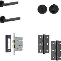 IRONMONGERY SOLUTIONS Bathroom Pack of Door Handle, Bathroom Locks,Turn & Release & Hinges – Matt Black Finish
