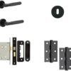 IRONMONGERY SOLUTIONS Lock Pack of Door Handle, 2 Lever Sashlocks, Escutcheon & Hinges - Pack of Door Handle in Matt Black Finish