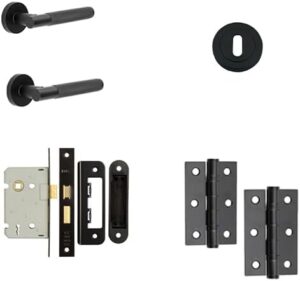 IRONMONGERY SOLUTIONS Lock Pack of Door Handle, 2 Lever Sashlocks, Escutcheon & Hinges - Pack of Door Handle in Matt Black Finish