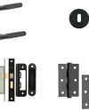 IRONMONGERY SOLUTIONS Pack of Door Handle, 2 Lever Sashlocks, Escutcheon & Hinges – Matt Black Finish