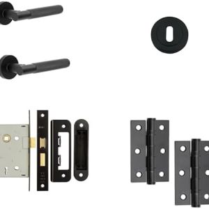 IRONMONGERY SOLUTIONS Pack of Door Handle, 2 Lever Sashlocks, Escutcheon & Hinges – Matt Black Finish