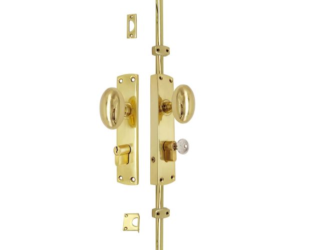 Oval Knob Locking Door Espagnolette/Cremone Bolt Upto 8.5′ – Polished Brass Lacquered