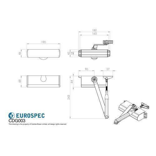 Carlisle Brass Fixed Size 3 Overhead Door Closer c/w Fig 6 Bracket ESDC003 – Silver