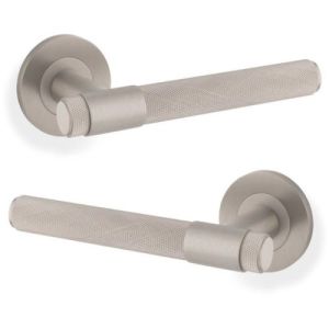 Alexander And Wilks Kingston Knurled Door Handle on Rose 50mm Satin Nickel Pvd
