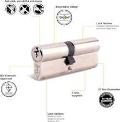 Yale PKMT3030-NP – KM Superior 1 Star Euro Cylinder Lock – Thumb Turn – 30/30 (70mm) / 30:10:30 – Nickel Finish – High Security – 2 Cylinders - Image 4