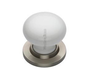 Heritage Brass White Porcelain Mortice Door Knobs, Satin Nickel Rose  (sold in pairs)