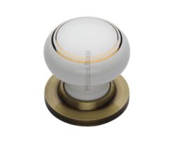 Heritage Brass Gold Line White Porcelain Mortice Door Knobs, Antique Brass Rose  (sold in pairs)
