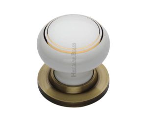 Heritage Brass Gold Line White Porcelain Mortice Door Knobs, Antique Brass Rose  (sold in pairs)