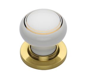 Heritage Brass Gold Line White Porcelain Mortice Door Knobs, Polished Brass Rose (sold in pairs)