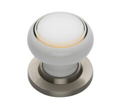Heritage Brass Gold Line White Porcelain Mortice Door Knobs, Satin Nickel Rose (sold in pairs)