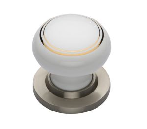 Heritage Brass Gold Line White Porcelain Mortice Door Knobs, Satin Nickel Rose (sold in pairs)