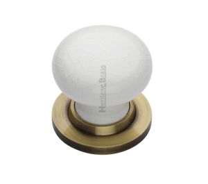 Heritage Brass White Crackle Porcelain Mortice Door Knobs, Antique Brass Rose (sold in pairs)
