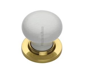 Heritage Brass White Crackle Porcelain Mortice Door Knobs, Polished Brass Rose (sold in pairs)