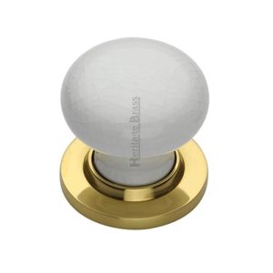 Heritage Brass White Crackle Porcelain Mortice Door Knobs, Polished Brass Rose  (sold in pairs)