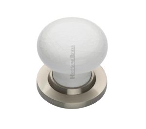 Heritage Brass White Crackle Porcelain Mortice Door Knobs, Satin Nickel Rose (sold in pairs)