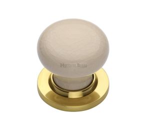 Heritage Brass Cream Crackle Porcelain Mortice Door Knobs, Polished Brass Rose (sold in pairs)