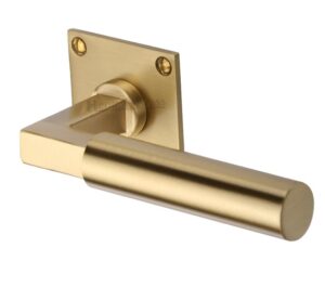 Heritage Brass Bauhaus Low Profile Satin Brass Door Handles On Square Rose  (sold in pairs)