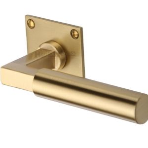 Heritage Brass Bauhaus Low Profile Satin Brass Door Handles On Square Rose  (sold in pairs)