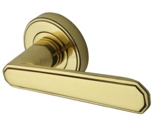 Heritage Brass Century Art Deco Style Door Handles On Round Rose, Polished Brass  (sold in pairs)