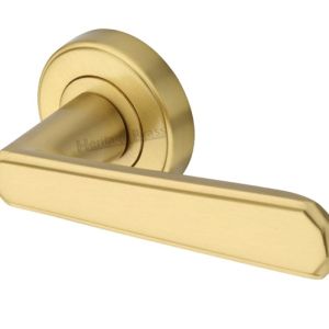 Heritage Brass Century Art Deco Style Door Handles On Round Rose, Satin Brass (sold in pairs)