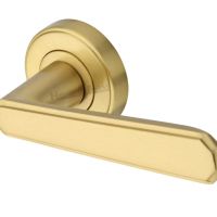 Heritage Brass Century Art Deco Style Door Handles On Round Rose, Satin Brass  (sold in pairs)