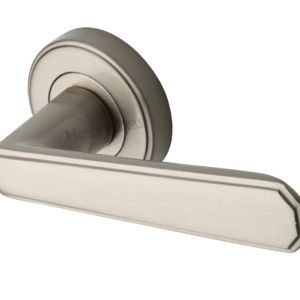 Heritage Brass Century Art Deco Style Door Handles On Round Rose, Satin Nickel  (sold in pairs)
