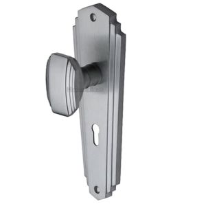 Heritage Brass Charlston Art Deco Style Door Knobs On Backplate, Satin Chrome  (sold in pairs)