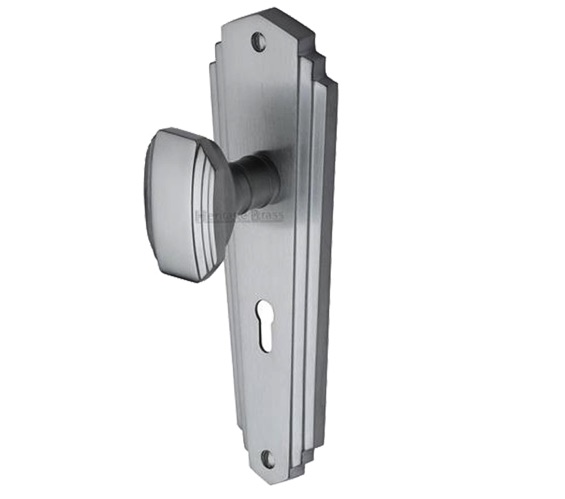 Heritage Brass Charlston Art Deco Style Door Knobs On Backplate, Satin Chrome (sold in pairs)