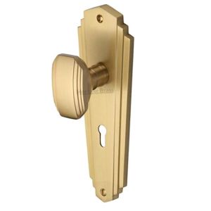 Heritage Brass Charlston Art Deco Style Door Knobs On Backplate, Satin Brass (sold in pairs)