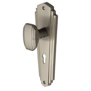 Heritage Brass Charlston Art Deco Style Door Knobs On Backplate, Satin Nickel  (sold in pairs)