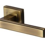 Heritage Brass Linear Antique Brass Art Deco Style Door Handles On Square Rose  (sold in pairs)