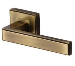 Heritage Brass Linear Antique Brass Art Deco Style Door Handles On Square Rose  (sold in pairs)