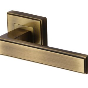 Heritage Brass Linear Antique Brass Art Deco Style Door Handles On Square Rose (sold in pairs)