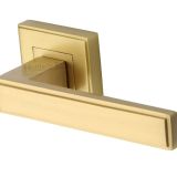 Heritage Brass Linear Satin Brass Art Deco Style Door Handles On Square Rose (sold in pairs)