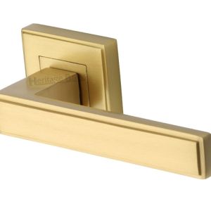 Heritage Brass Linear Satin Brass Art Deco Style Door Handles On Square Rose (sold in pairs)