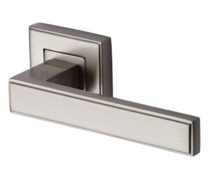 Heritage Brass Linear Satin Nickel Art Deco Style Door Handles On Square Rose  (sold in pairs)