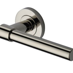 Heritage Brass Phoenix Door Handles On Round Rose, Polished Nickel  (sold in pairs)