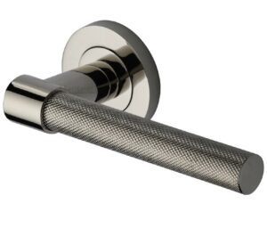 Heritage Brass Phoenix Knurled Door Handles On Round Rose, Polished Nickel  (sold in pairs)