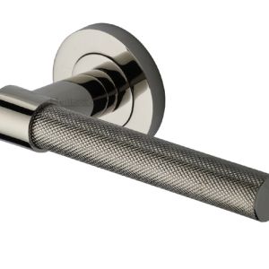 Heritage Brass Phoenix Knurled Door Handles On Round Rose, Polished Nickel  (sold in pairs)
